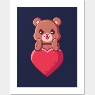 Cute Brown Bear with big love. Gift for valentine's day with cute animal character illustration. Posters and Art